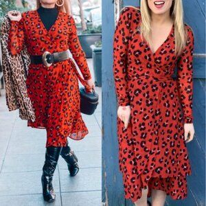 CAbi 5771 Vivien Siren Wrap Midi Dress Red and Black Leopard Animal Print V-Neck
